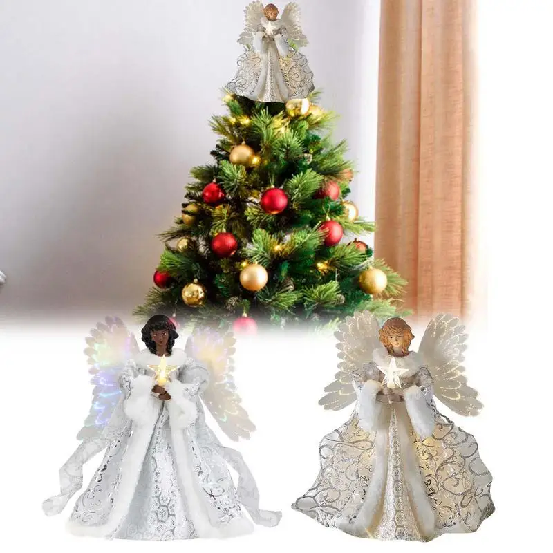 

Holy Angel Christmas Tree Topper With LED Lights Rustic Angel Statue Decorations For Winter Holiday Home Party Xmas Decor 2022