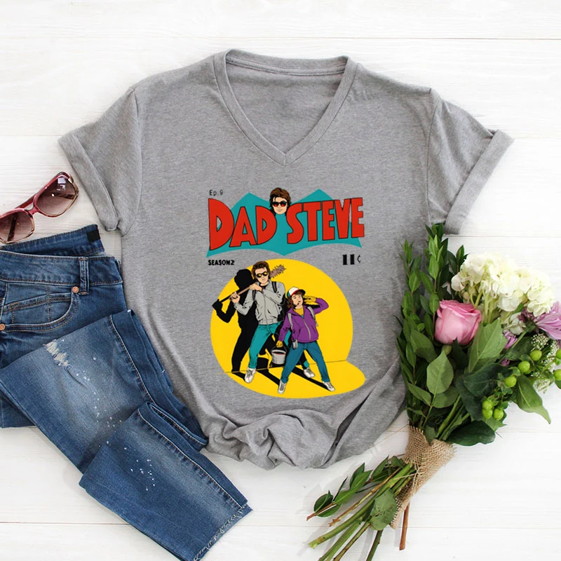 

Rheaclot Dad Steve Harrington Women's Summer Tops Graphic T-shirt V-Neck Tee