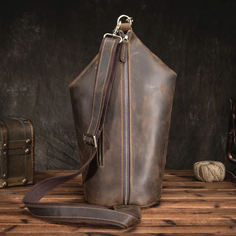 Vintage cylinder design natural genuine leather men's chest bag fashion casual crazy horse cowhide youth shoulder crossbody bags