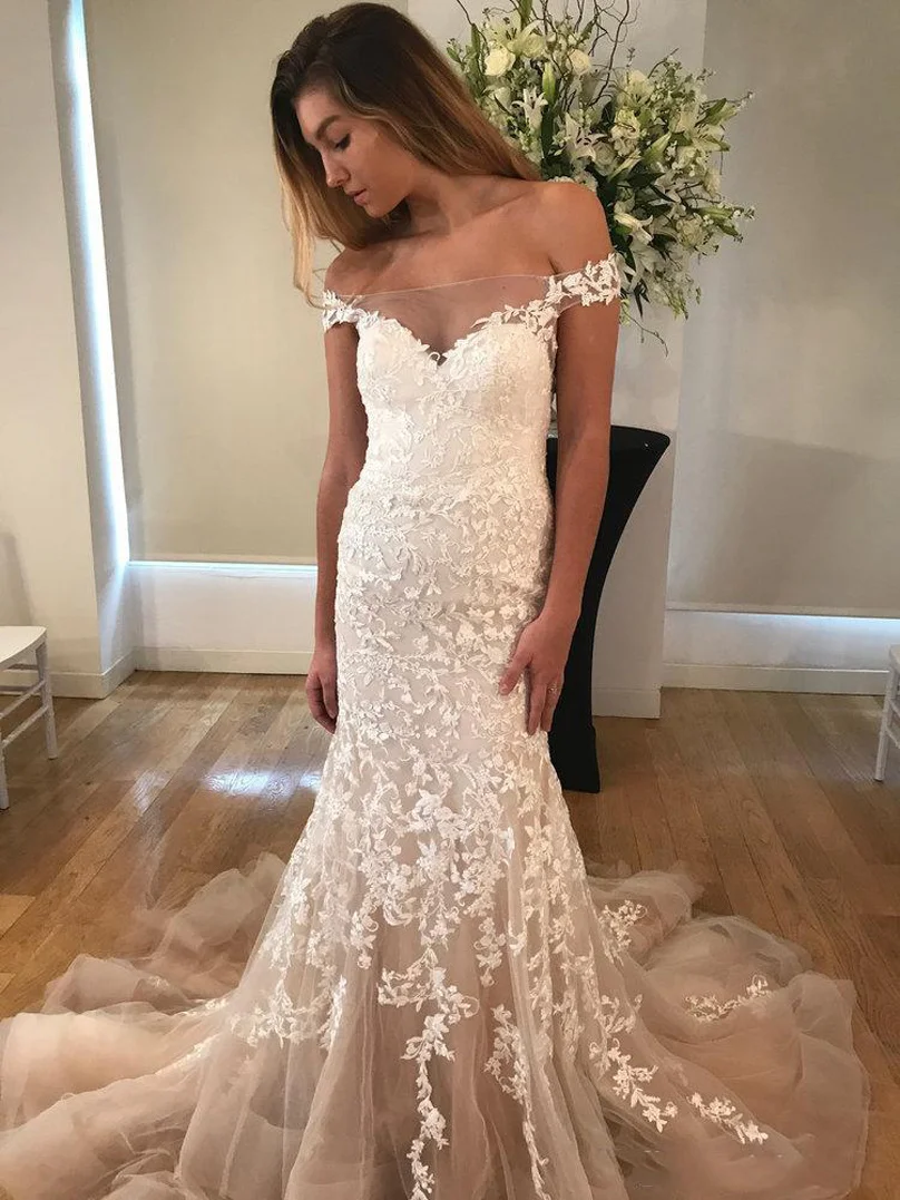 

Кружевные свадебные платья-русалки с открытыми плечами и аппликацией, свадебные платья из тюля со шлейфом