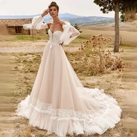 sexy v neck wedding gown with detachable sleeve a line boho backless bridal dress lace up tulle sweep train vestido de noiva