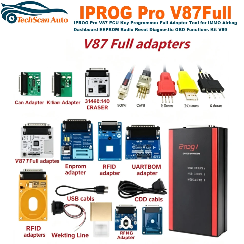 Фото IPROG Pro V87 Программатор ключей ECU с полным набором адаптеров для сброса IMMO, подушек безопасности, панели приборов, EEPROM, радио, диагностических функций OBD, комплект V89 №1