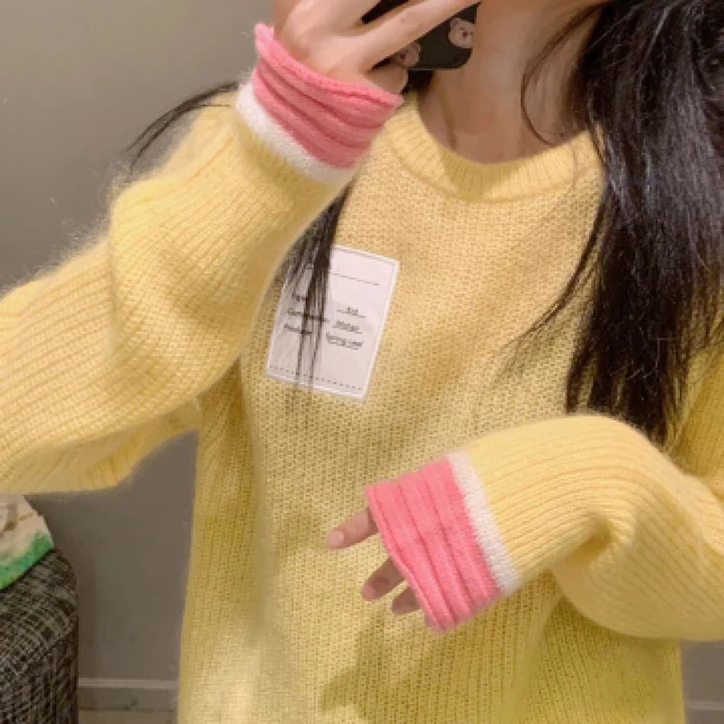 

O Neck Pullover Jumpers Casual Vintage Pull Femme Purple Jumper Autumn Winter Sweater Women Contrast Color Patchwork Long Sleeve