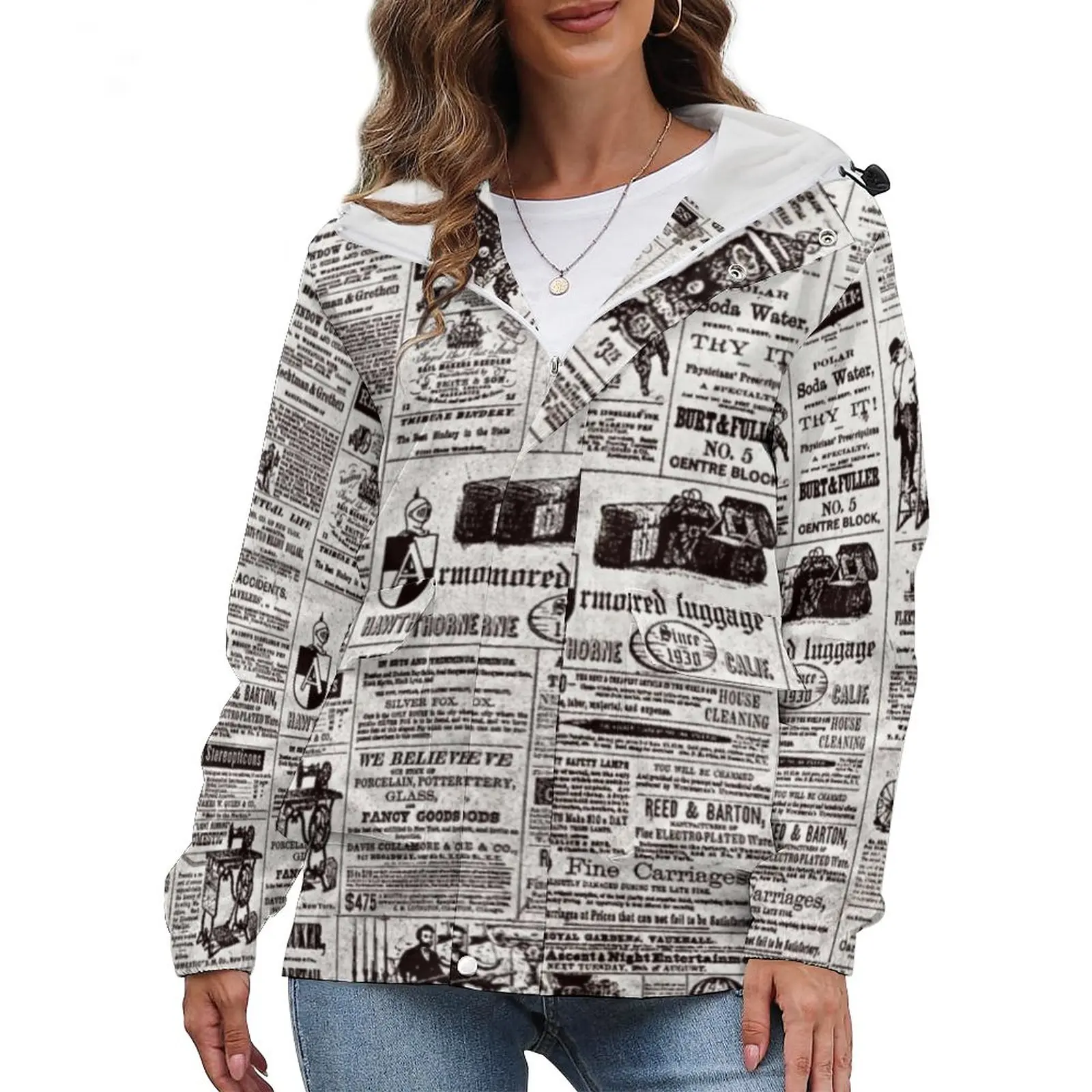 

Texture Newspaper Casual Jackets Winter Thick Vintage Print Loose Coats Women Printed Streetwear With Pockets Jacket Big Size