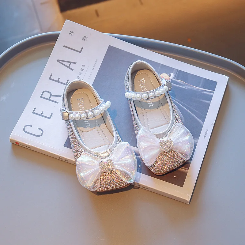 

Silver Kids Fashion Flats for Girls Rhinestone Shallow Square Toe Party Prom Girls Elegant Bow with Pearl Princess Mary Jane New