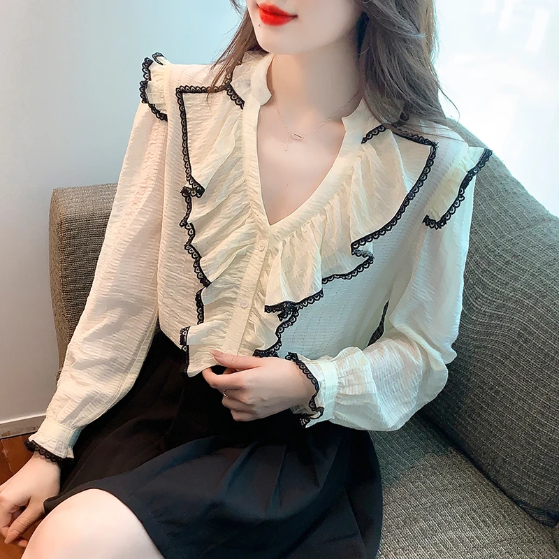 

Solid Women's Shirts Summer 2023 New Chiffon Blouses Loose Long Sleeves Casual Ruffles Top Ladies V-neck Clothing YCMYUNYAN