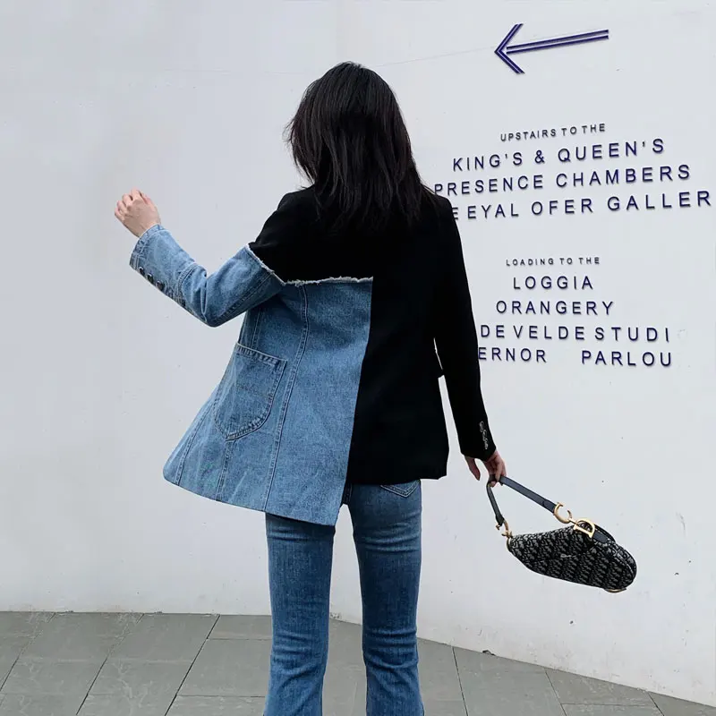 2021 New Autumn Women Personality Suit Irregular Stitching Denim Jacket Spring Fashion Female Slim Small Suit Blazer OL Blazers