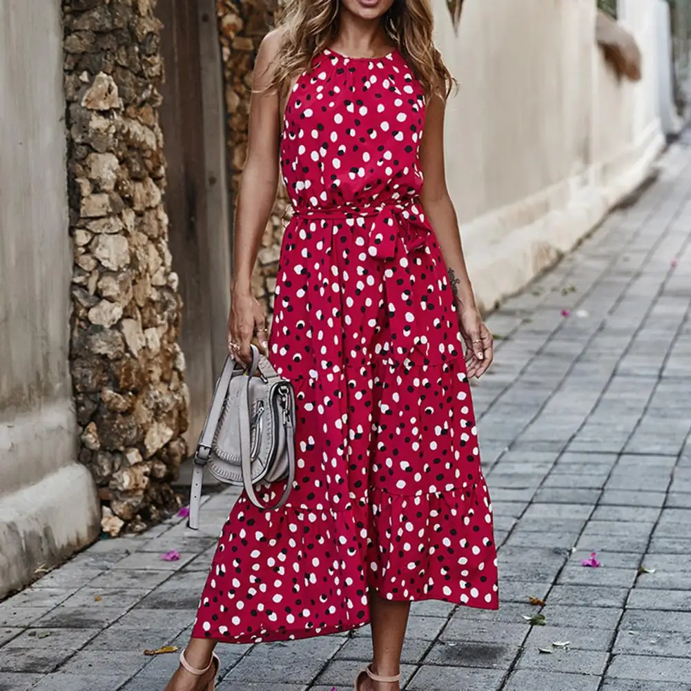 

Dot Print Halter Sleeveless Casual Midi Dress Off Shoulder Lace-up High-Low Hemline Dress Waist Tight Ruffle Large Hem Dress