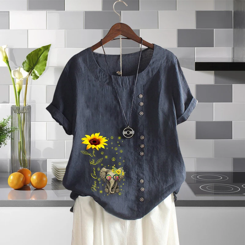 

2022 Summer Leisure Cartoon Elephant Graphic Loose T Shirts Vintage Ladies Linen Blouse Round Neck Short Sleeves Tops XS-5XL
