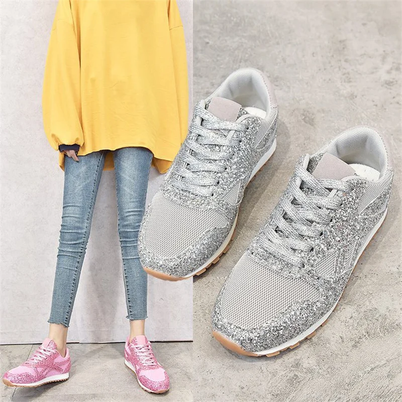 MR CO Women Flat Bling Sneakers Glitter Platform Casual Shoes Woman Comfortable Ladies Silver Vulcanize Shoes Large Size