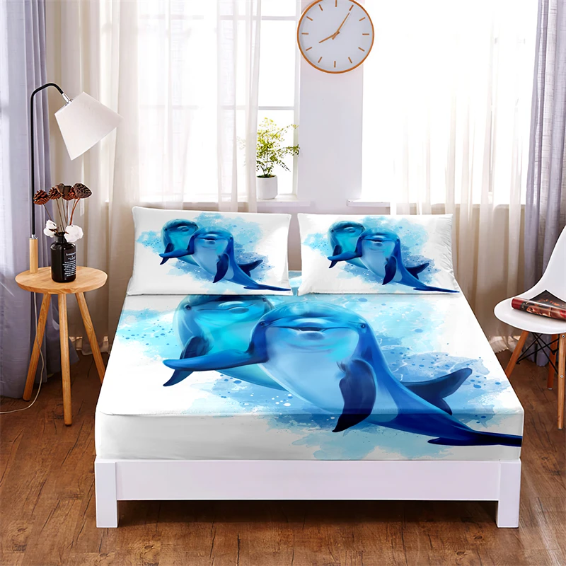 

Комплект постельного белья с изображением дельфина, 3 шт., Полиэстеровая однотонная простыня, наматрасник, четыре угла, Комплект постельного белья с резинкой