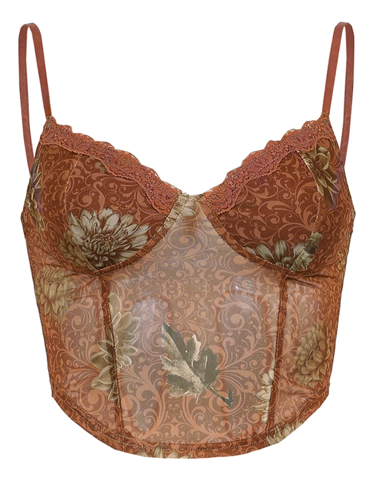 Rapcopter Floral y2k Camis Brown Crop Top Lace Frill Cute Corset Top Spaghetti Strap Sweats Harajuku Tee Top Women Beach Vests