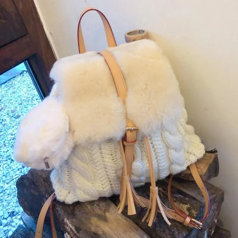 

Шерстяной рюкзак для женщин в японском стиле, новинка осень-зима 2023, маленький рюкзак с кисточками, вязаный шерстяной нитью, тканый меховой рюкзак