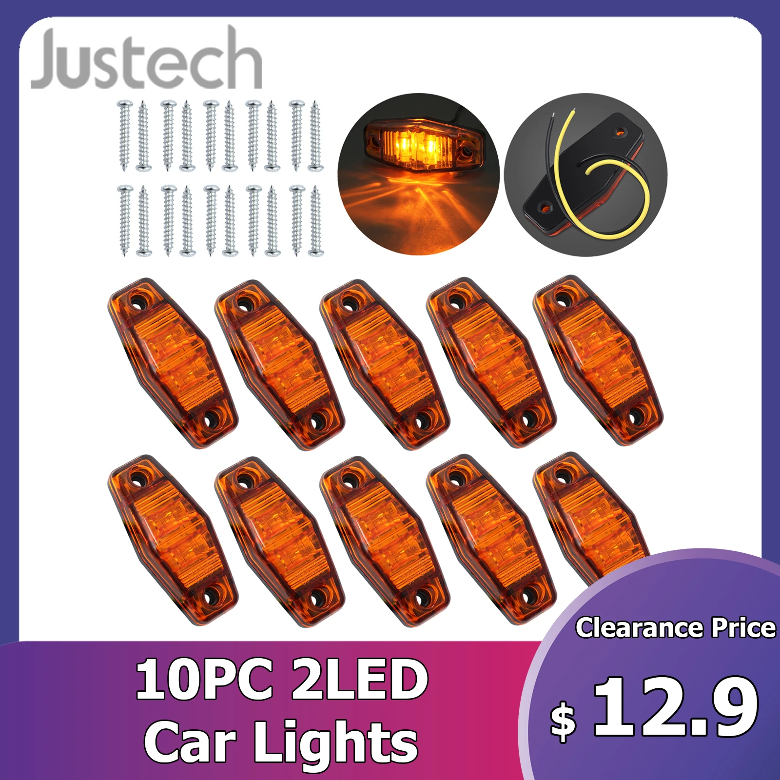 

Justech 10Pcs 2LED Front Side Marker Amber/Red Lights Fit for 12v/24v Vehicles, Idea for Car, Trailer Truck Lorry Van Waterproof