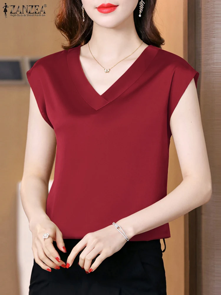 

ZANZEA 2023 Summer Satin Blouse Women Short Sleeve Blusas Female V Neck Solid Color Shirt Fashion Elegant Office Blouses Mujer