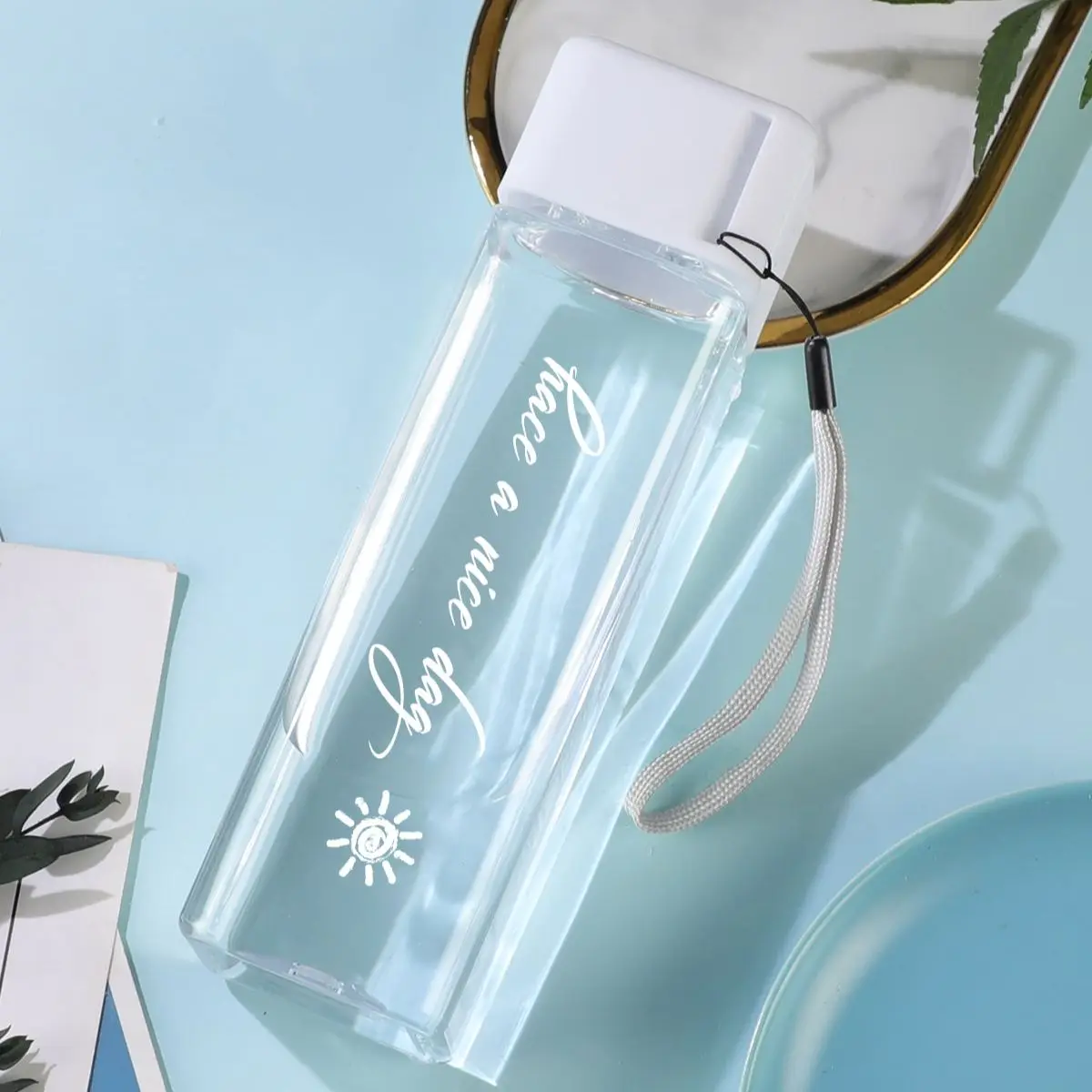 

1 Piece Transparent Square Plastic Water Cup Outdoor Cold Juice Water Sports Cup with Portable Milk Rope Water Cup