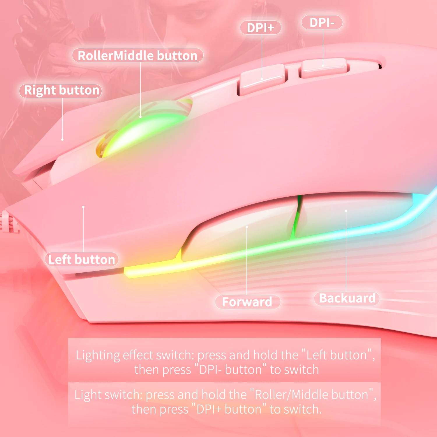 ONIKUMA CW905 Pink Wired Gaming Mouse 7 Programmable Buttons 6 Levels Adjustable DPI 7 RGB Lighting Modes Ergonomic Mice for PC images - 6