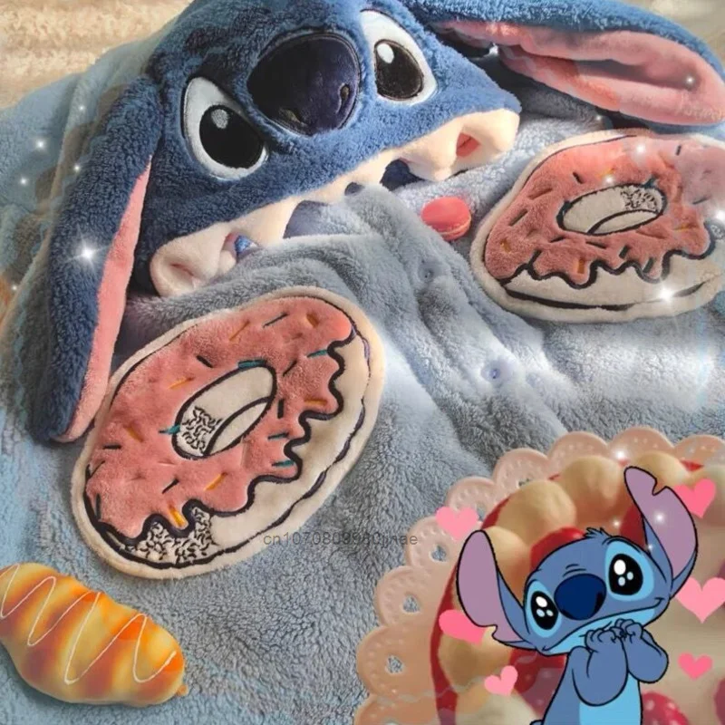 New Stitch Plush Pajama Sets Women Winter Warm Home Thicked Clothing SuitsY2K Girl Disney Cartoon Cute Hooded Nightgown Female