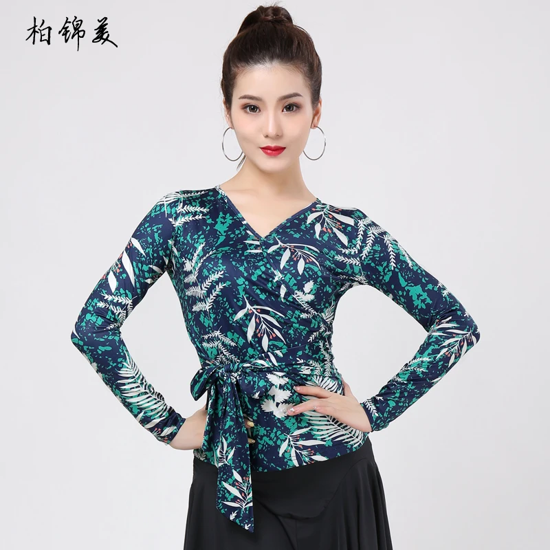 

Latin dance top female adult clothing new mid-sleeve V-neck belt competition performance modern dance training clothes