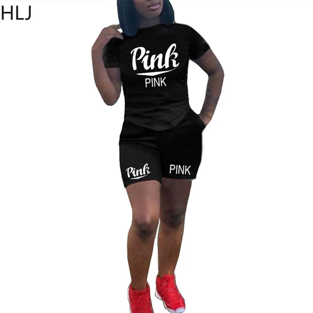 

Женский спортивный костюм HLJ, розовый комплект из двух предметов с надписью, топ с круглым вырезом и коротким рукавом и велосипедные шорты, с...