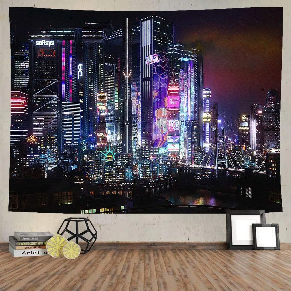 

City Night View Tapestry punk Neon Building River View Art Wall Hanging Bustling Urban Flannel Living Room Dormitory Decoration