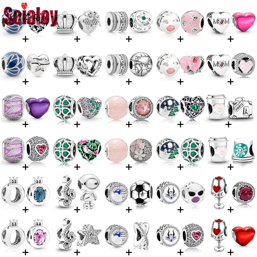 Seialoy 2pcs/lot Crown Heart Beads Letter O Star Charm Silver Color MOM Rose Lucky Beaded Fit DIY Bracelet Accessory