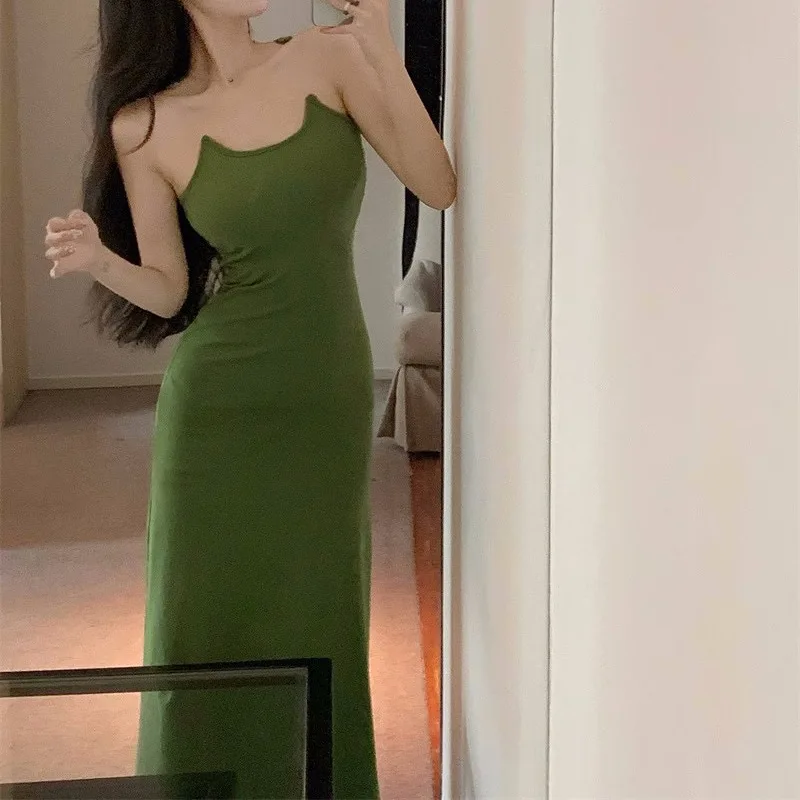 

2023 summer new invisible sling dress solid color long dress sexy package hip elegant temperament campus casual trendy people