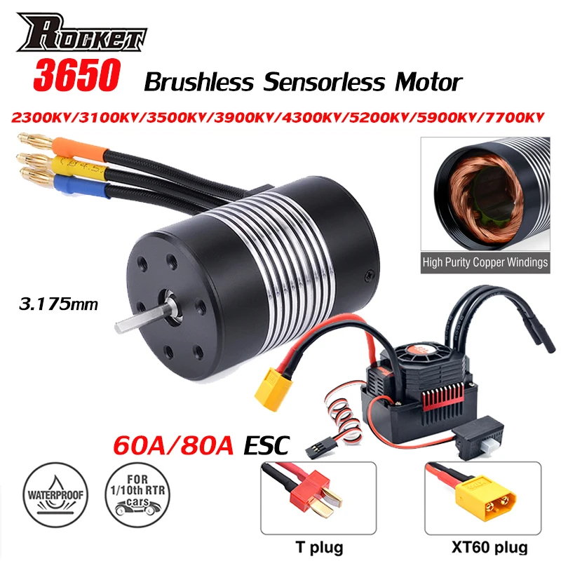 Бесщеточный Бессенсорный двигатель Rocket Waterproof 3650 2300KV-7700KV с 80A 60A ESC T/XT60 Plug Combo для 1/10 RC автомобилей Axial Wltoys