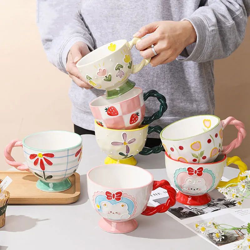 

Creative Cute Hand Painted Embossed Flower Rabbit Bear Strawberry Ceramic Mugs Handmade Breakfast Cup For Coffee Tea Milk Cereal