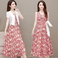 fashion dress suit female 2022 summer korean high waist floral print long maxi dresses chiffon two piece suit j295