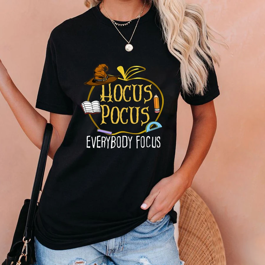 

Hocus Pocus Everybody Focus Teacher T-Shirt Streetwear Loose Tops Y2k