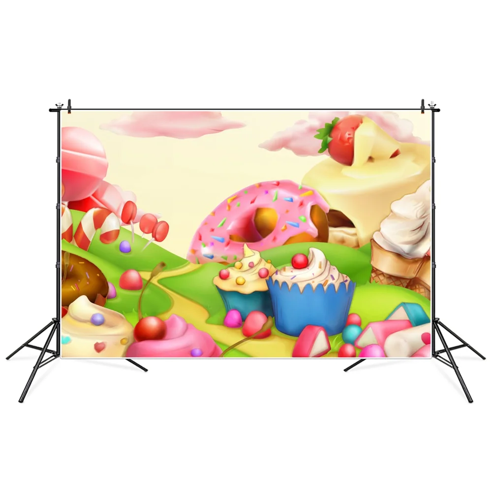 

Candyland Decoration Birthday Photography Backdrops 1st Newborn Baby Candy Bar Doughnut Party Photographic Backgrounds Props