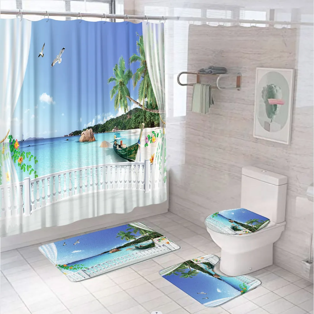 

Океан пляж лодка душ фототропический море балкон кокосовое дерево Декорации занавески для ванной коврики крышка Крышка для унитаза