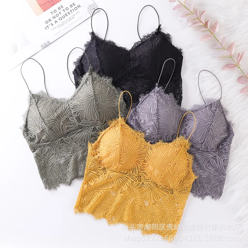 

Spaghetti Strap Eyelash Lace Backless Crop-Top Bandeau Underwired Padded Bottoming Camisole Bra for Women