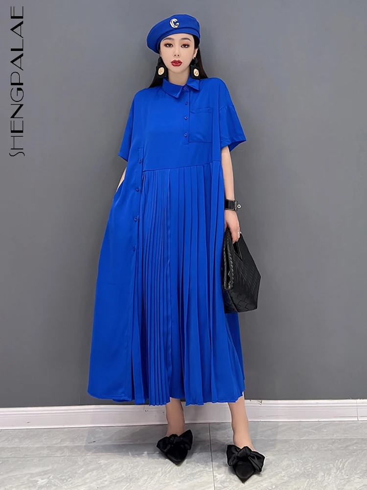 SHENGPALAE Lapel Single Breasted Pocket Short Sleeve Dress For Women Loose Waist Solid Color Pleated Robe Summer 2023 New R3627