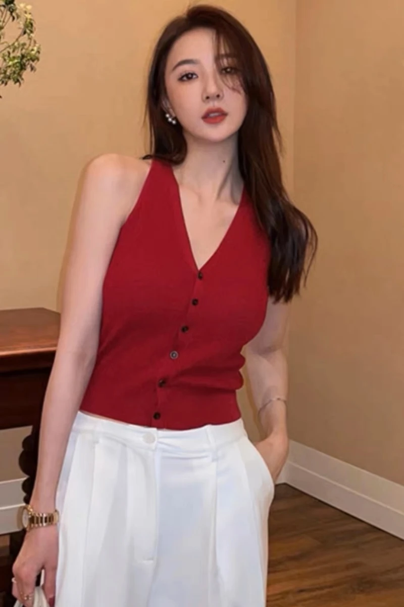 Женский летний кардиган на пуговицах без рукавов с V-образным вырезом