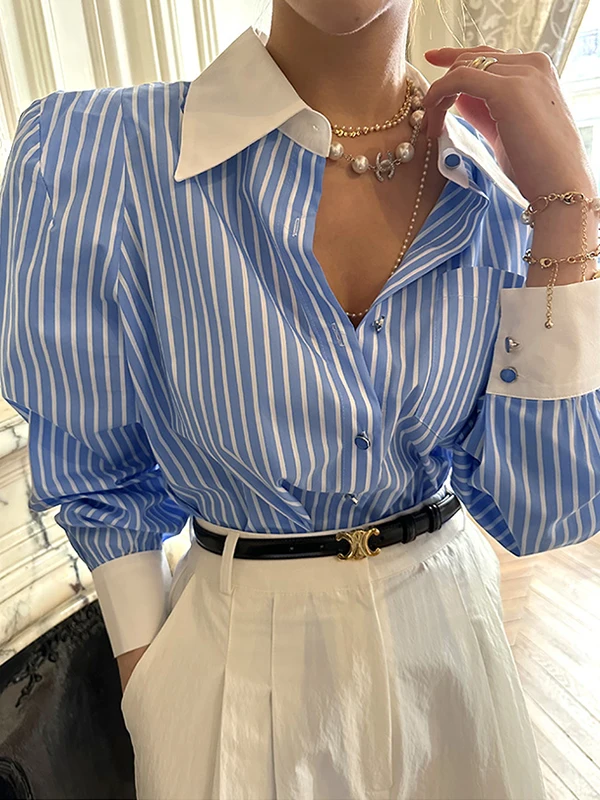 

lapel collar blue and white vertical stripe shirt women new designs blouse female long sleeve casual blouse outwear