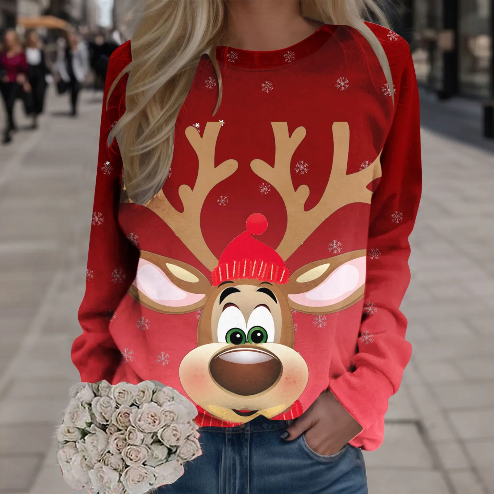 

Женские модные толстовки с рождественской елкой снежинкой Санта Клаусом оленем снежным принтом теплые толстовки с круглым вырезом женские зимние пуловеры