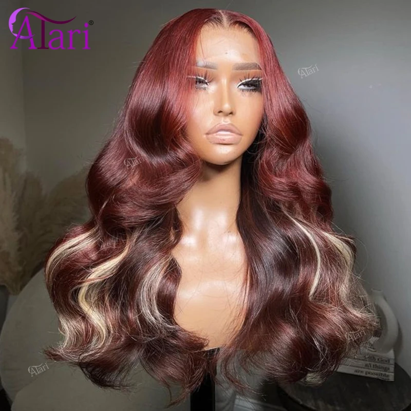 Dark Red Blonde Highlights 13x4 Lace Frontal Human Hair Wigs Pre Plucked Transaprent 13x6 99J Body Wave Brazilian Wig for Women