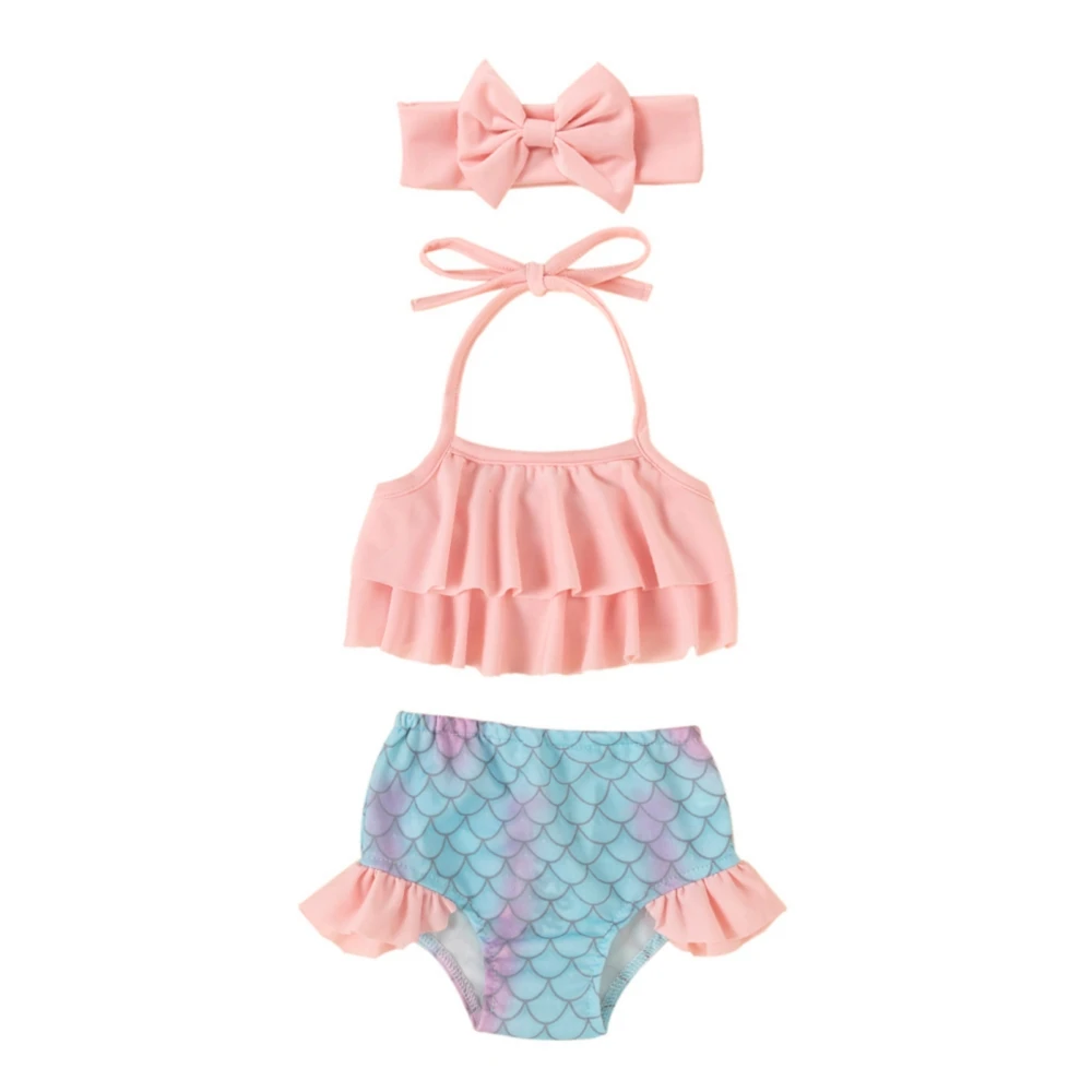 Toddler Girl Mermaid Swimsuit Set Baby Bathing Suit 2PCS Ruffled Halter Crop Top+Bikini Bottoms+Headband Kids Sunsuit 6M-4Y