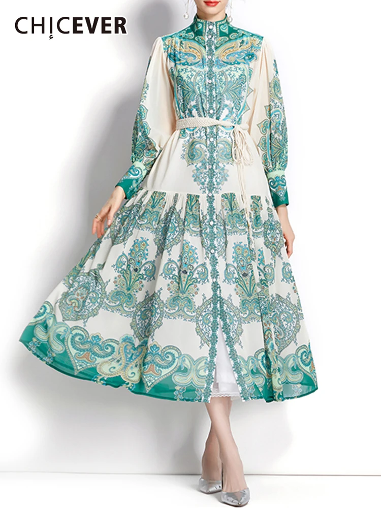 

CHICEVER Green Print Dress For Women Stand Collar Long Sleeve High Waist Hit Color Vintage Midi Dresses Female Summer Clothing