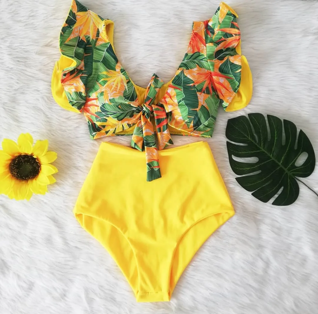 

Sexy Woman Floral Ruffled Beachwear Two Piece Beaching Outing Swimwear Clothes Fashion Boho Playa Bath Suit Swimsuit Bikinis