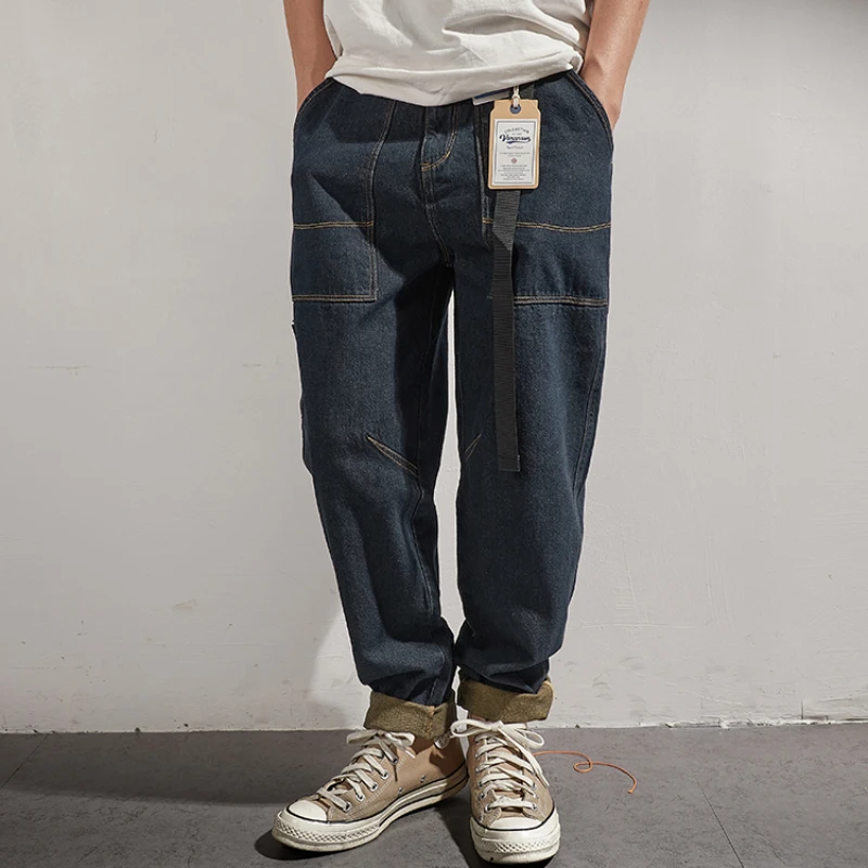 Retro work jeans in autumn men's loose multi-bag straight trousers