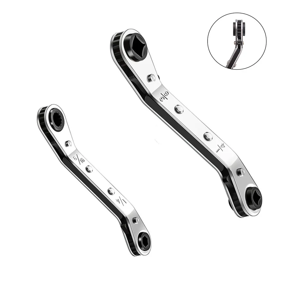 

2pcs 1/4" 3/8" 3/16" 5/16" Double Head Ratchet Wrench Set Service Wrench Air Conditioning Refrigeration Repair Tool Wit 2 Adapte