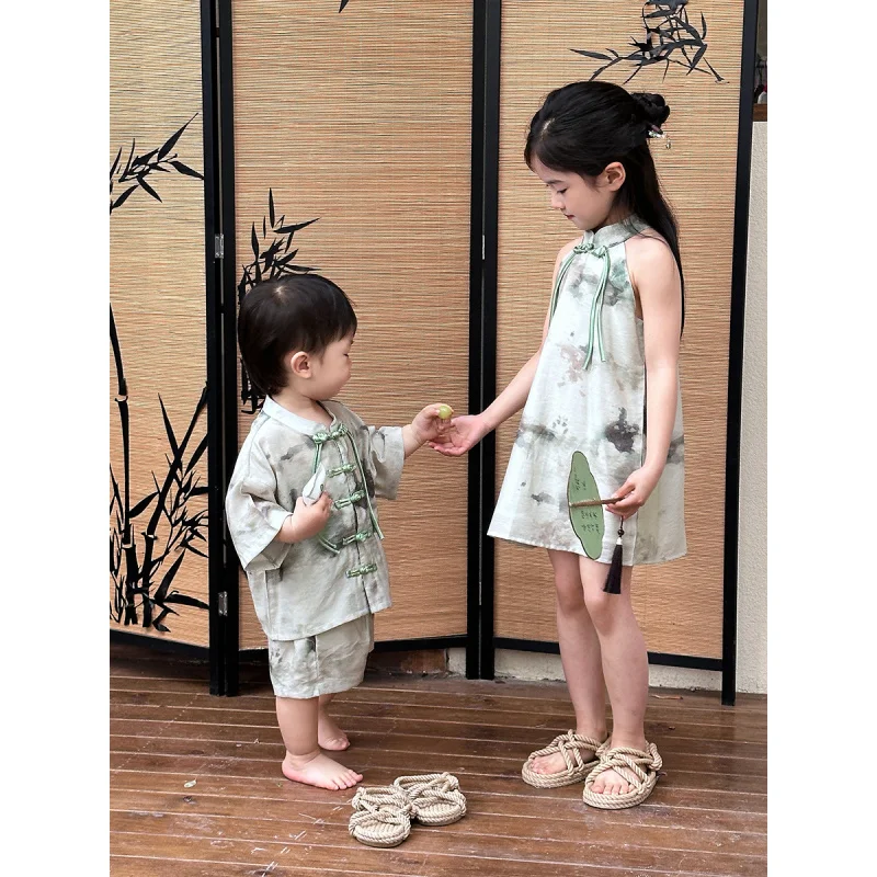 Летний новый стиль китайский наряды для брата и сестры национальный чернильный