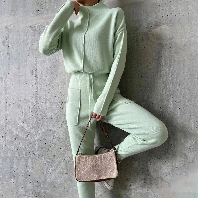 

Casual Pullover Knitted Sweater Outfits Women Two Piece Set Autumn Winter Turtleneck Knit Tops + Tie-up Pockets Long Pants Suits