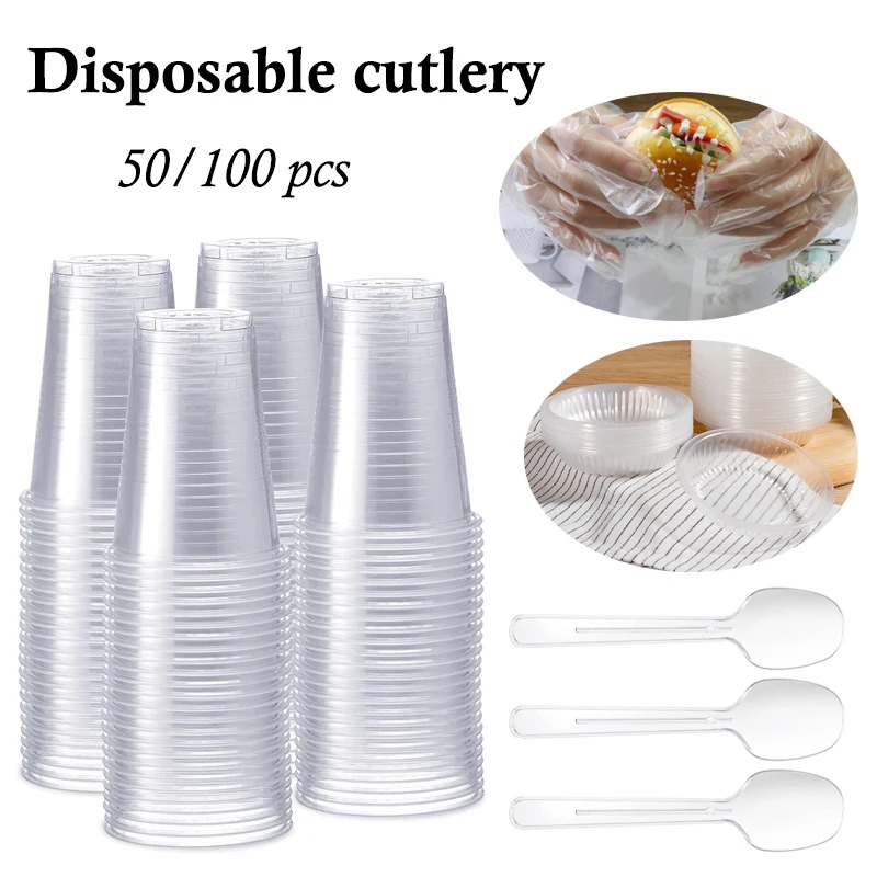 

50/100 disposable cups 200ml 7oz clear plastic shot glass disposable clear sauce dish eco gloves plastic spoon outdoor picnic