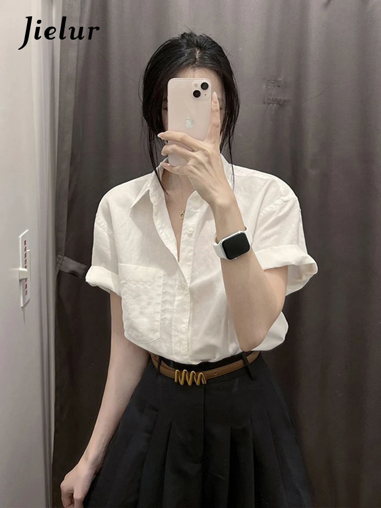 Jielur Летняя новая однотонная тонкая женская рубашка Повседневная Свободная