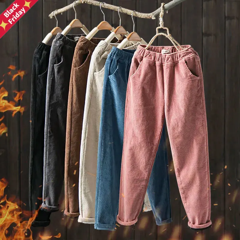 

Corduroy Straight Pants For Women Plus Size S-3XL High Waist Slim Stretch Pants High-Quality Cotton Chic Casual Mom's Trousers