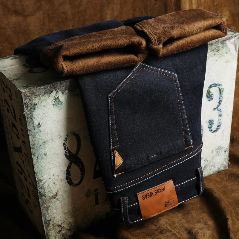 Men Winter Straight Trousers Baggy Stretch Jean Fashion Men Business Casual Jeans 2021 Thicken Keep Warm Autumn Man Denim Pants